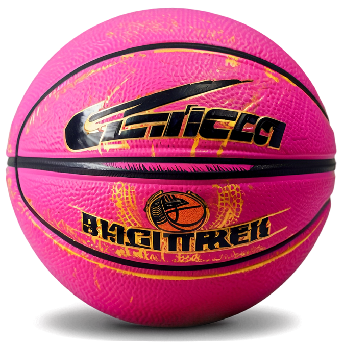 a pink basketball ball with black and gold lettering