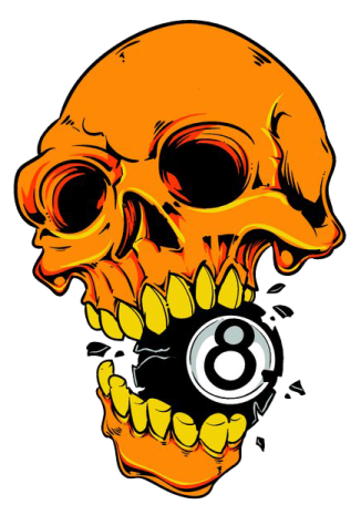 a skull with an eight ball in its mouth