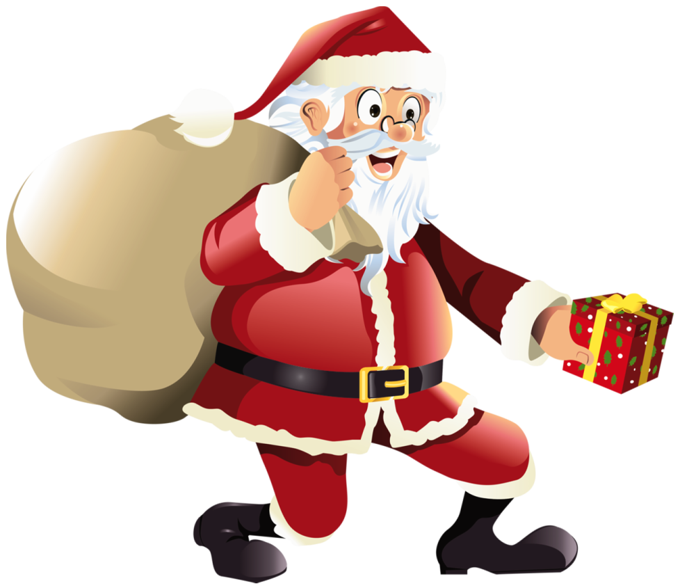a cartoon santa carrying a christmas present