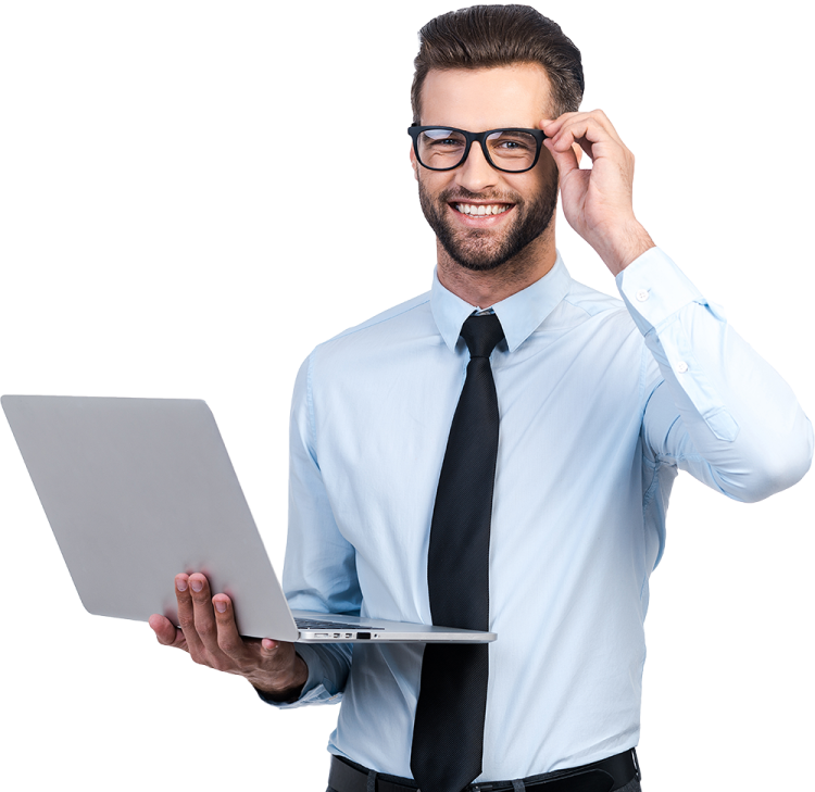 a man in a blue shirt and tie holding a laptop