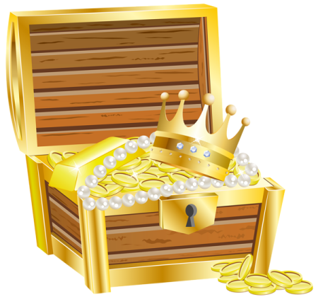 a wooden chest with pearls and a crown