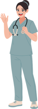a woman in scrubs with a stel