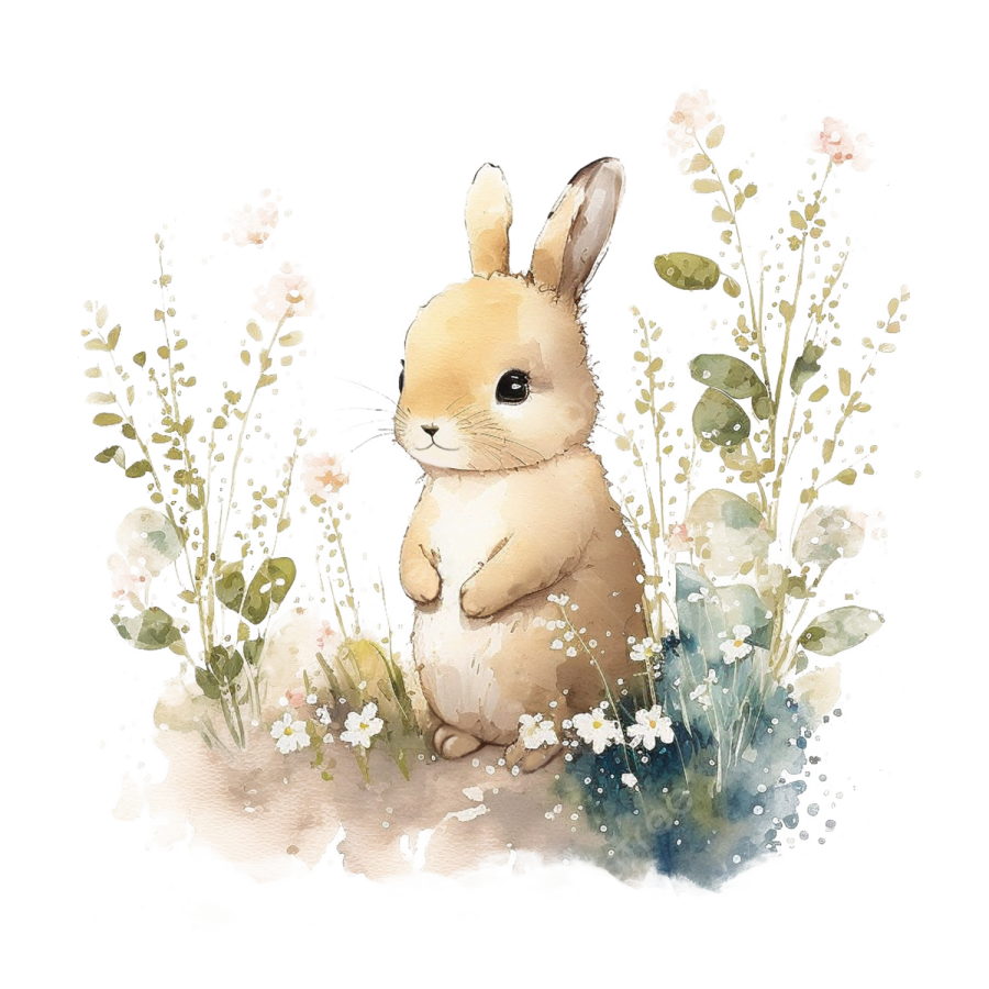 a watercolor painting of a rabbit sitting in the grass