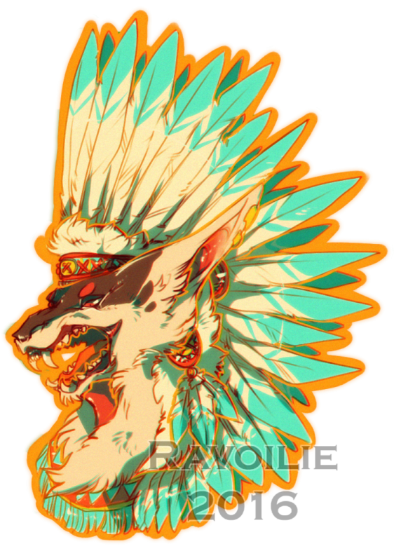 an illustration of a wolf with feathers on its head