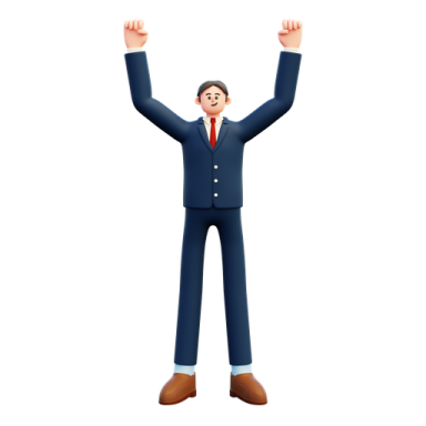 a man in a suit with his hands up