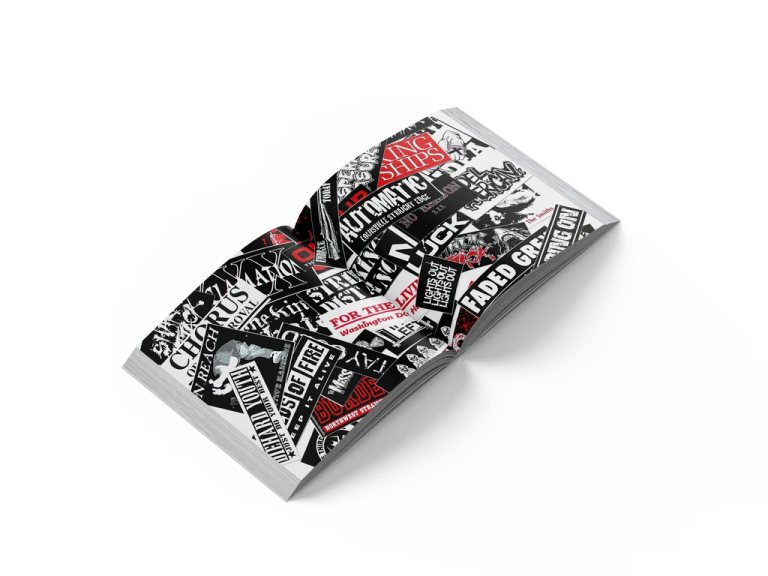 a black and white business card with red lettering on it