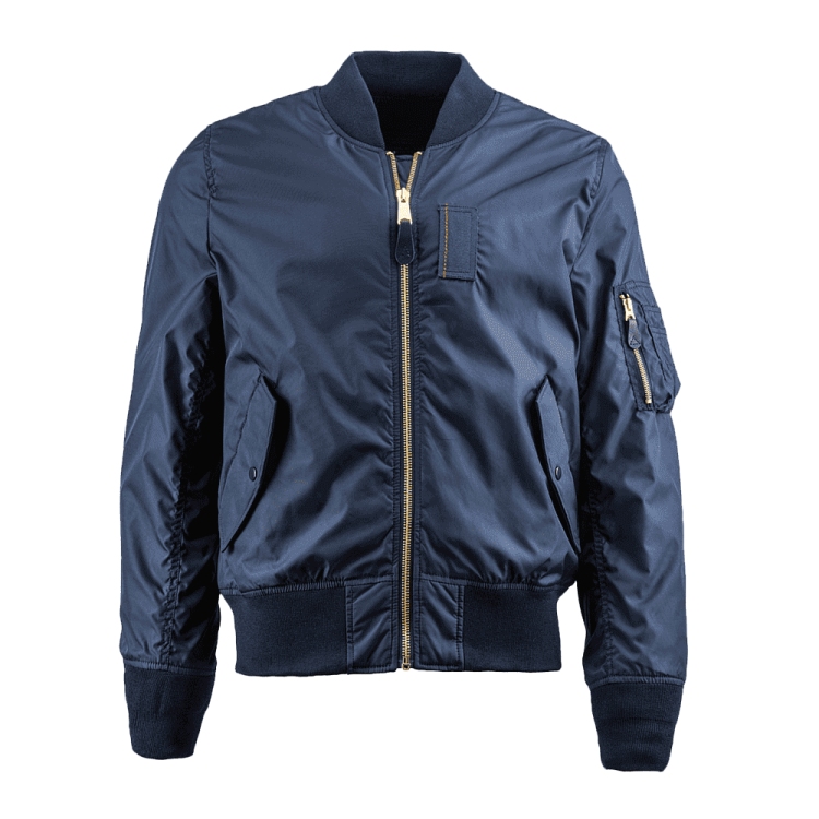 a navy bomber jacket with gold zippers