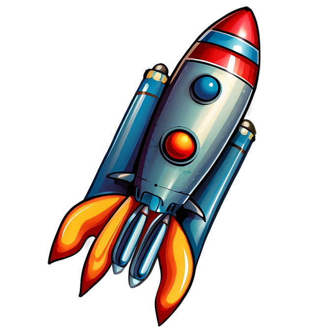 a cartoon rocket flying up into the sky