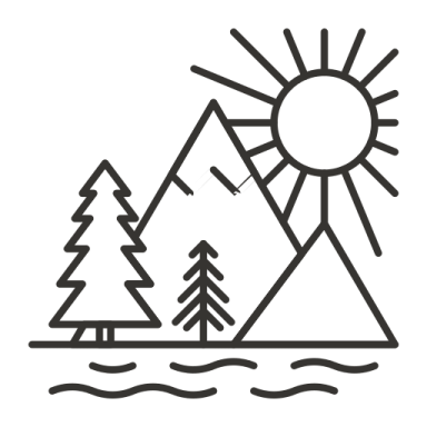 a line drawing of trees and mountains with the sun above them