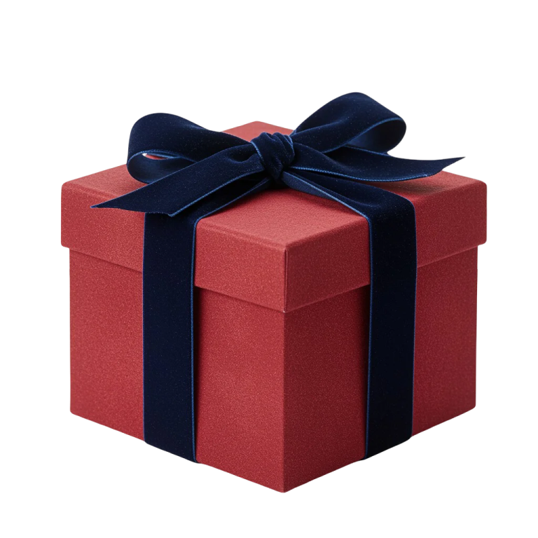 a red gift box with a blue ribbon