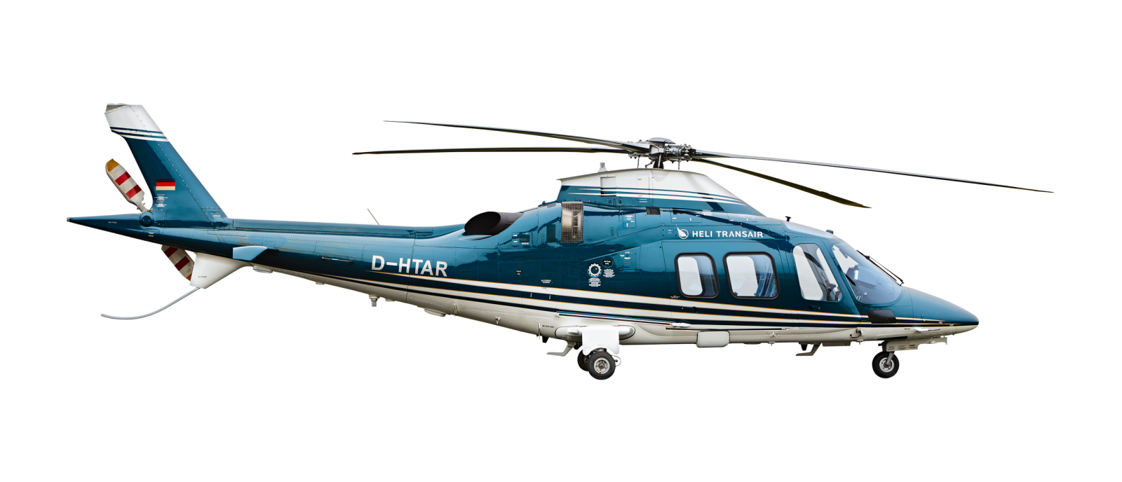 a blue and white helicopter flying in the sky