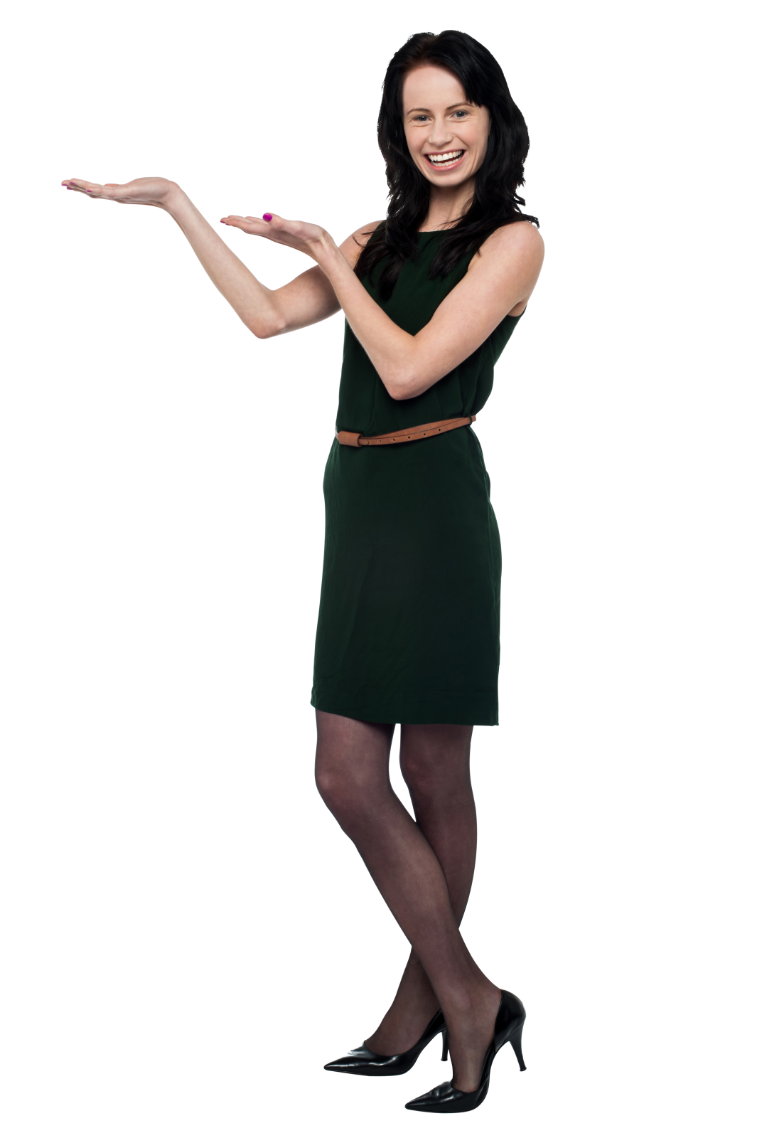a woman in a green dress and black tights