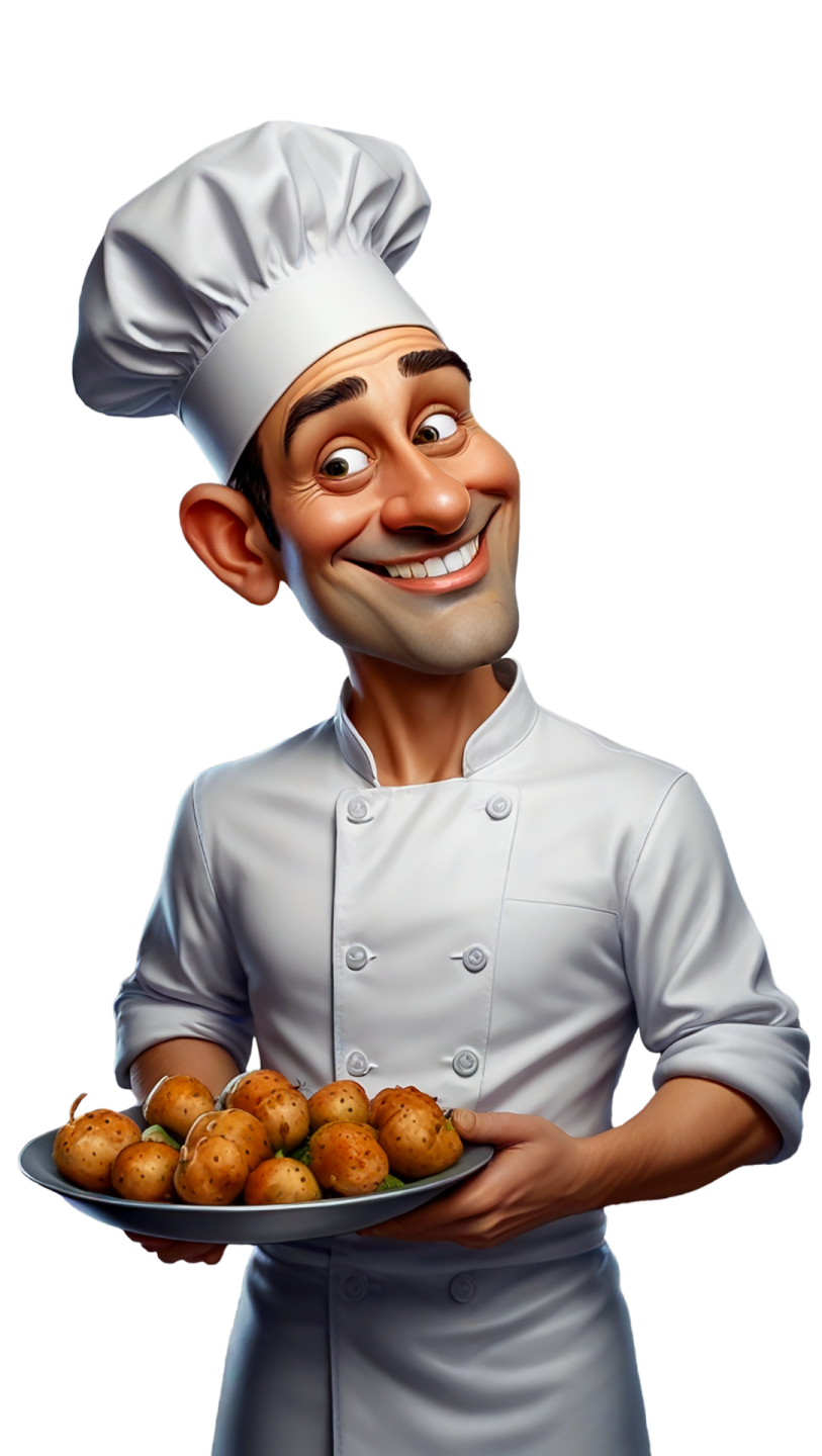 a cartoon chef holding a plate of food