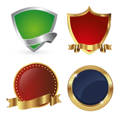 a set of four different colored shields