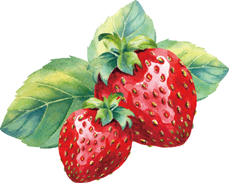 two strawberries with green leaves and red berries