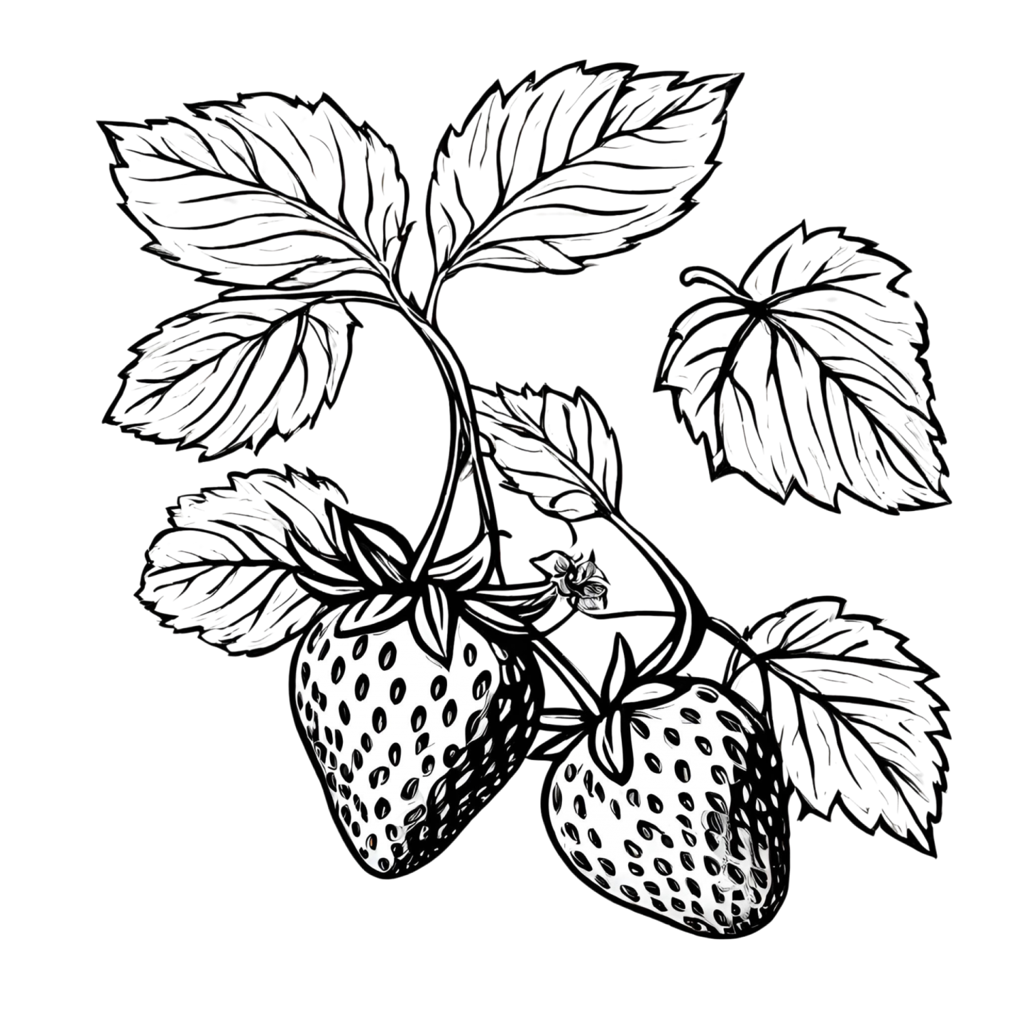 a black and white drawing of two strawberries