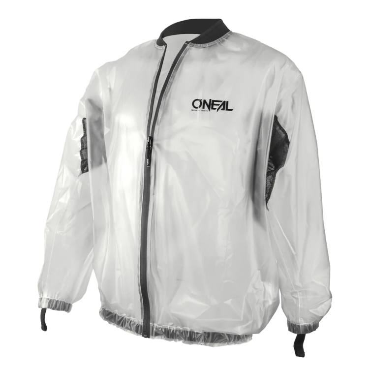 a white rain jacket with black zippers