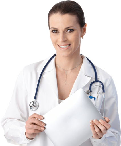 a female doctor holding a piece of paper