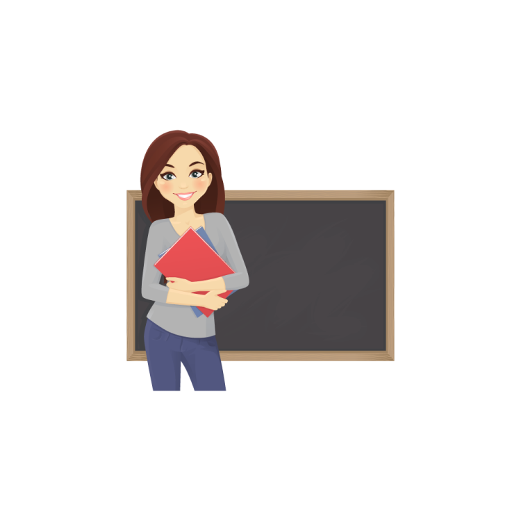 a woman standing in front of a blackboard
