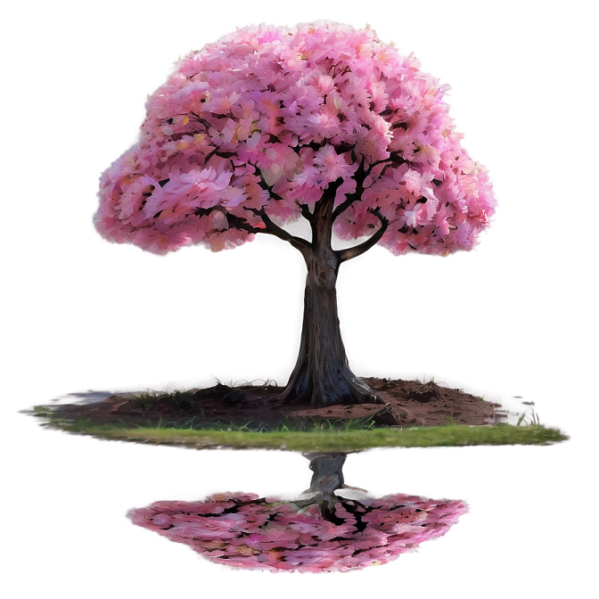 a pink tree with its reflection in the water