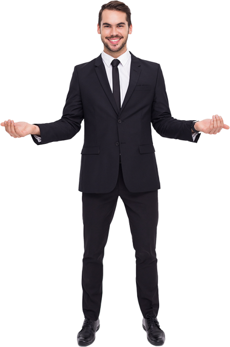 a man in a suit and tie standing with his hands out