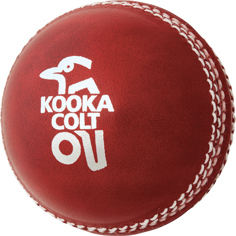 a red leather cricket ball with white stitching