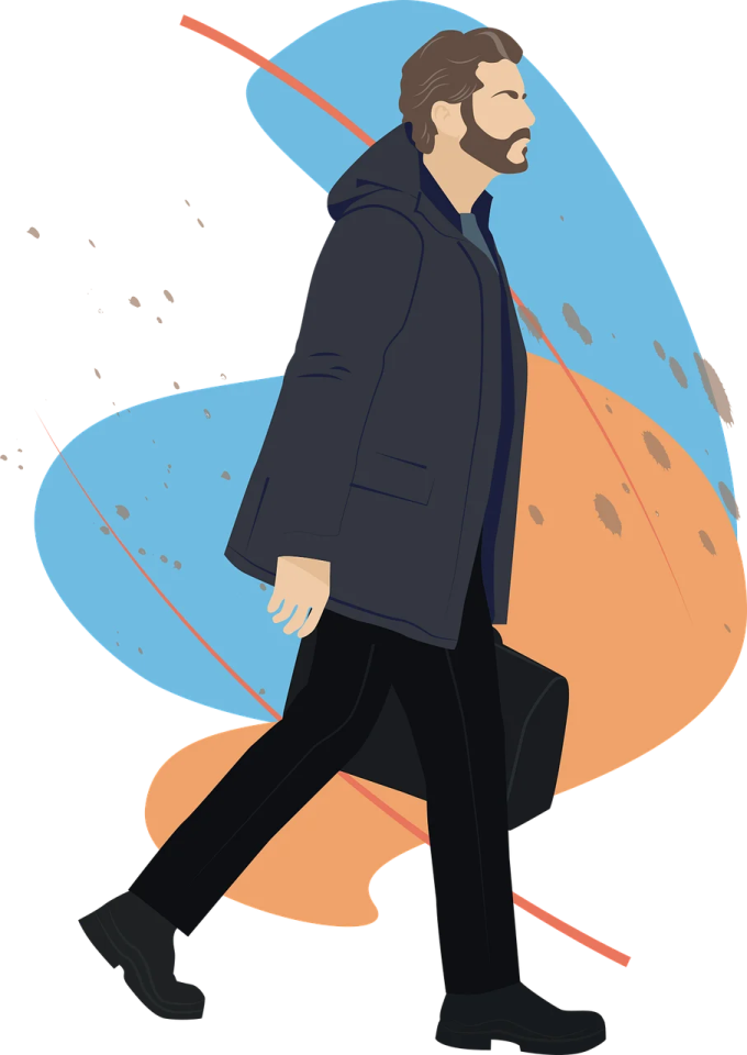 a man with a beard walking down the street