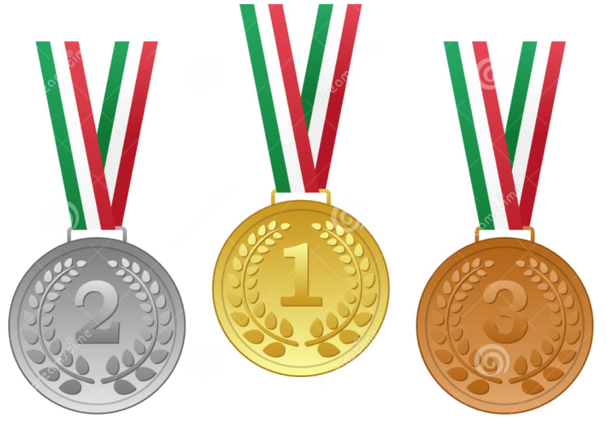 three gold, silver and bronze medals