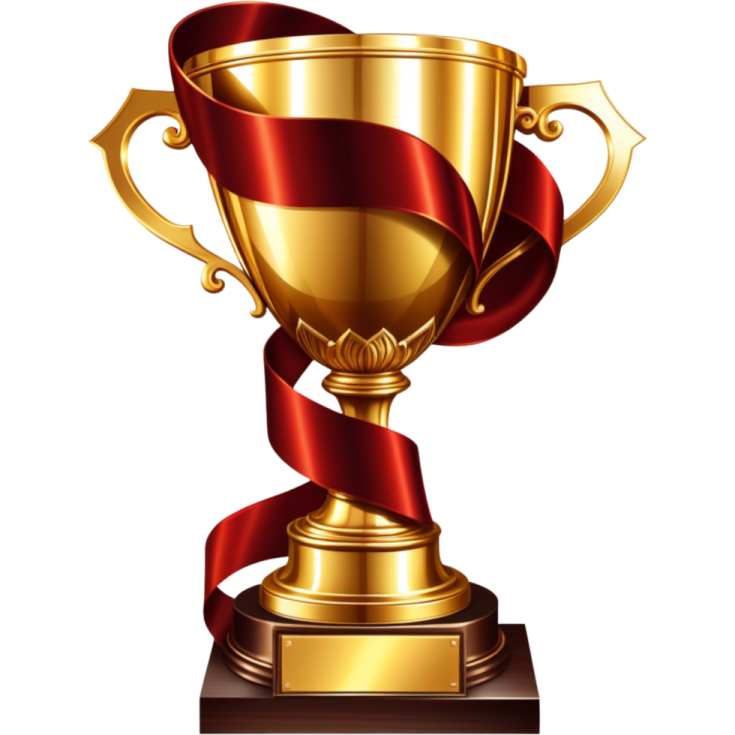 a gold trophy with a red ribbon around it