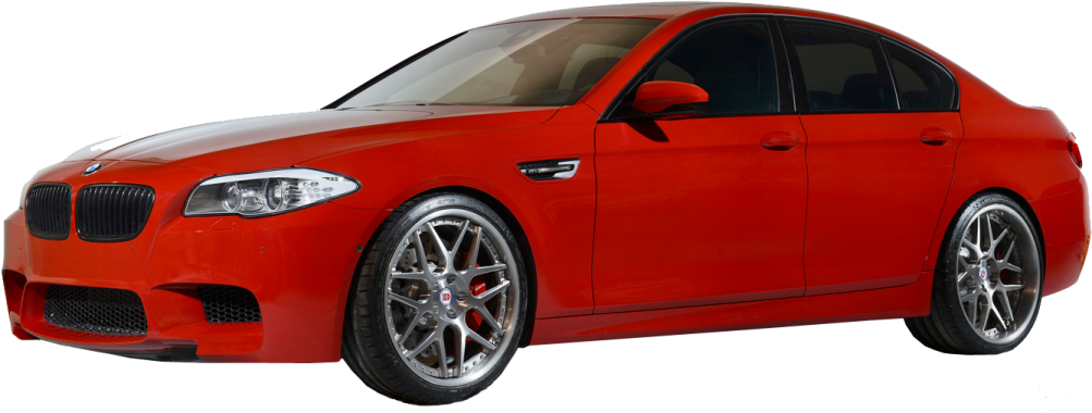 the front view of a red bmw