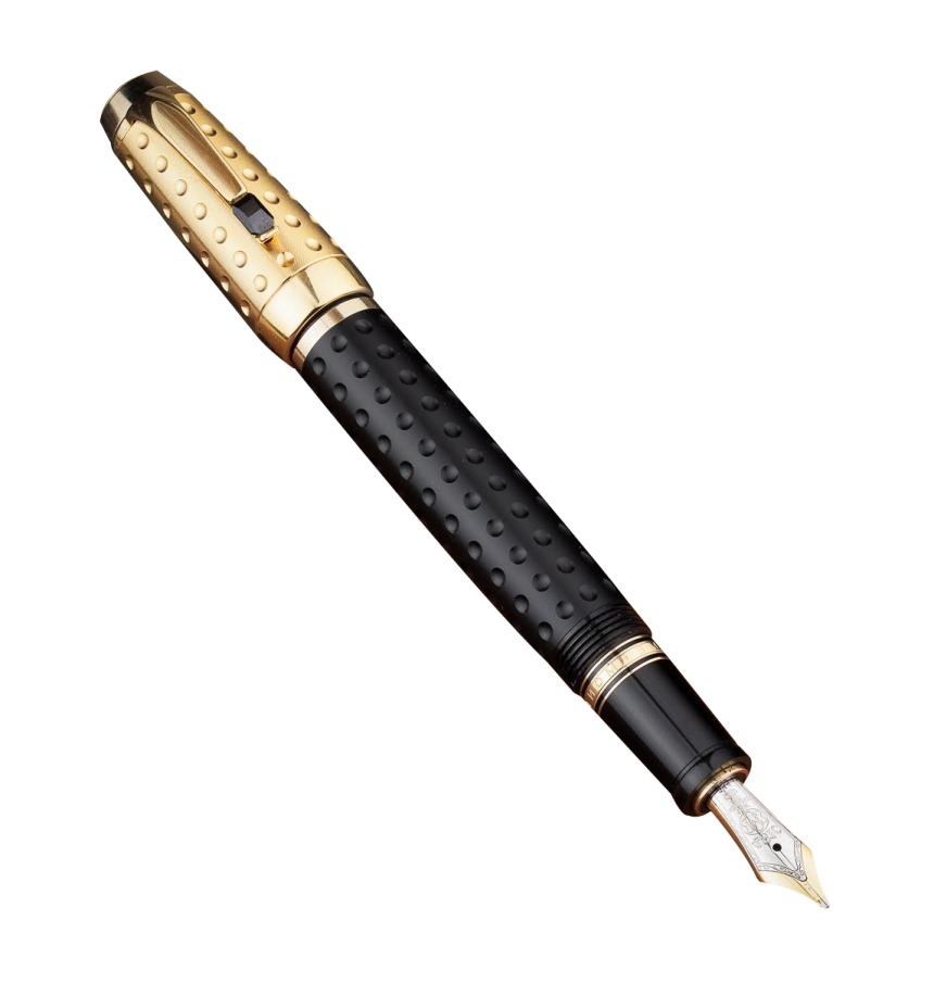 a black and gold fountain pen on a white background