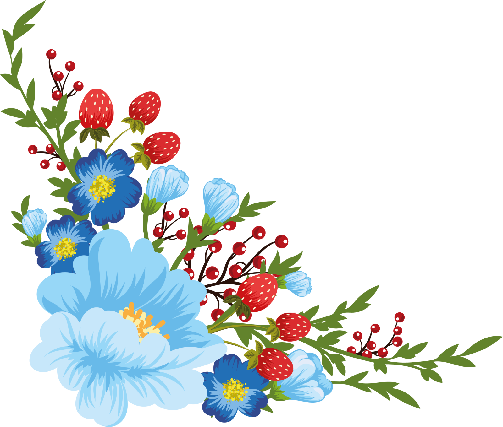 a floral border with blue flowers and berries