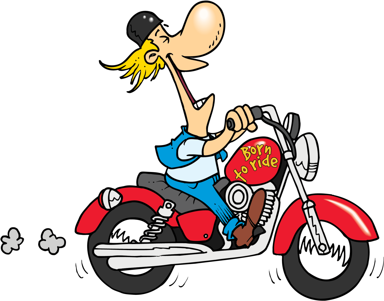 a cartoon man riding on a motorcycle