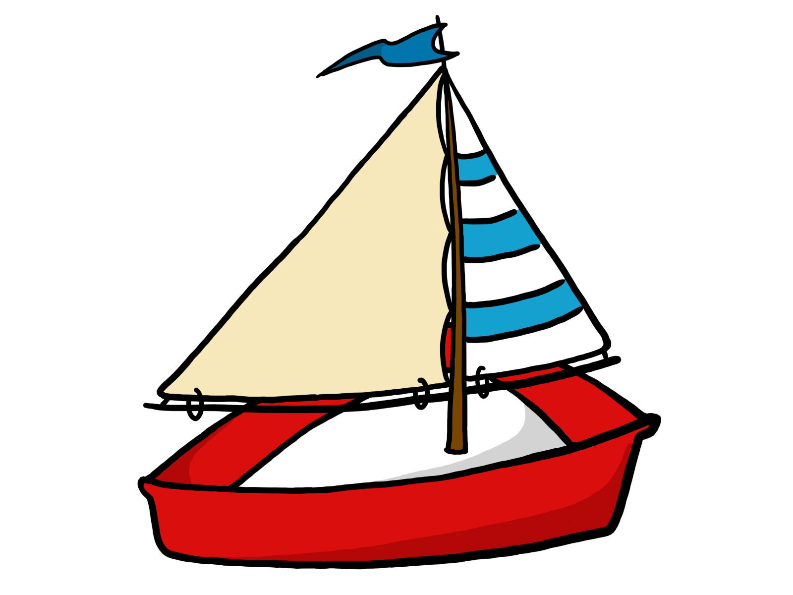 a red boat with blue and white sails