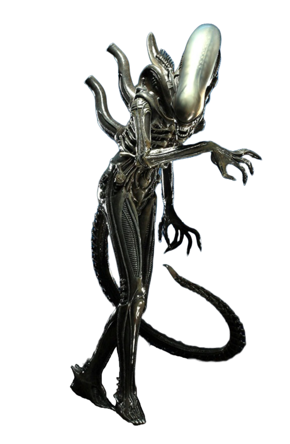 a silver alien standing on a white background