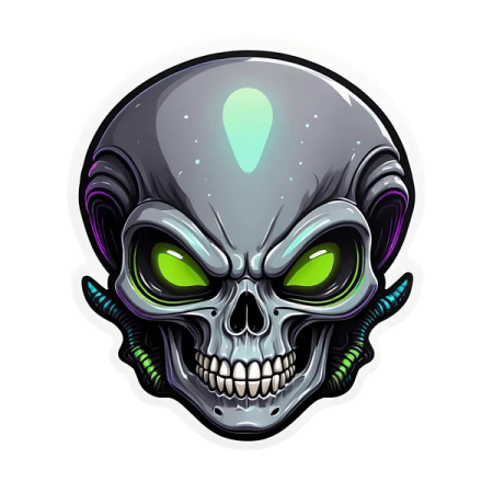an alien skull with green eyes