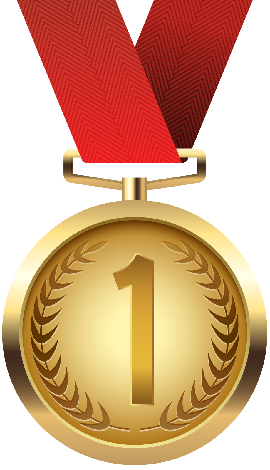 a gold medal with a red ribbon