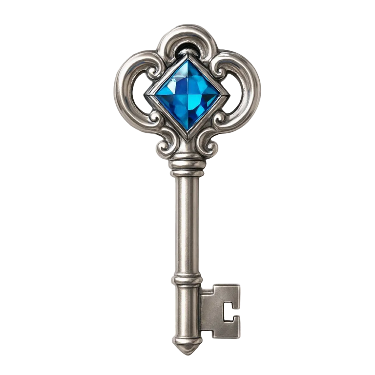 a key with a blue crystal stone in the middle