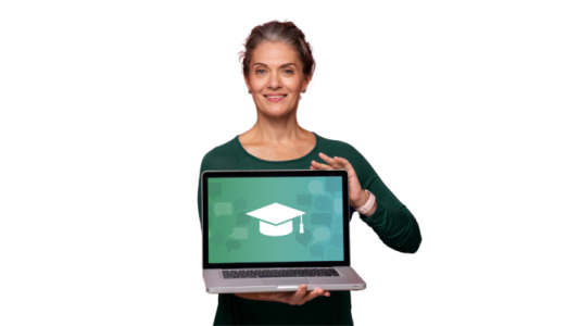 a woman holding a laptop with a graduation cap on the screen
