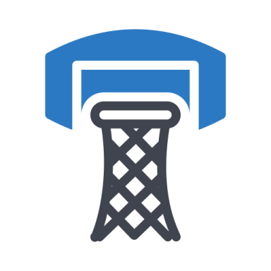 a blue and white icon of a basketball hoop