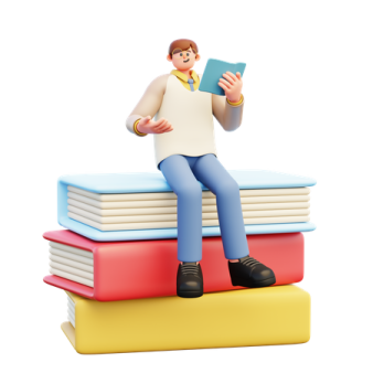 a man sitting on top of a pile of books
