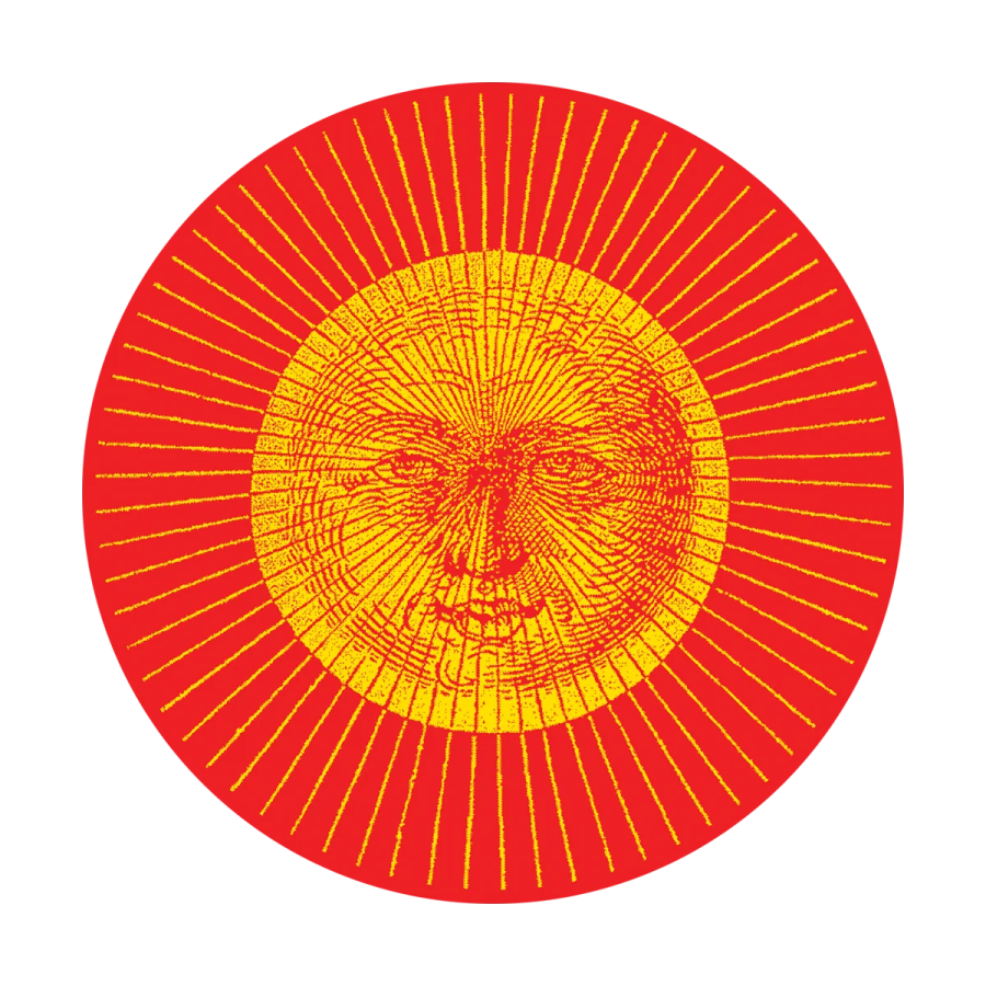 a red and yellow circle with an image of a face