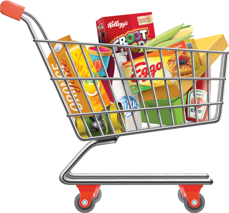 a shopping cart filled with food and snacks