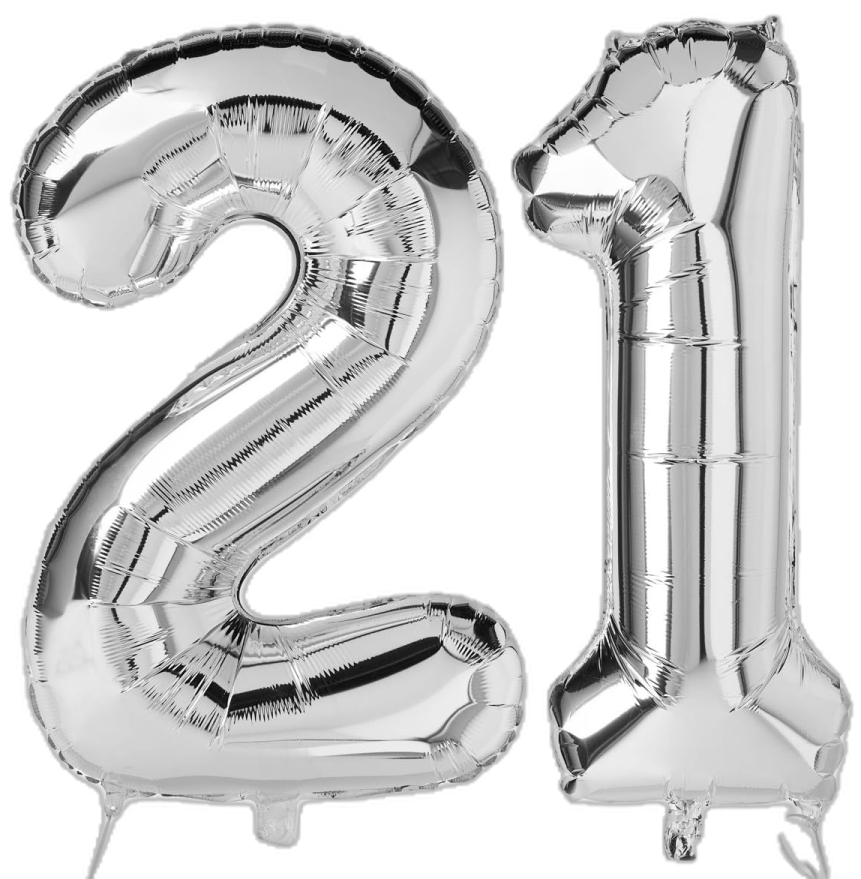 the number 21 balloon is shown in silver