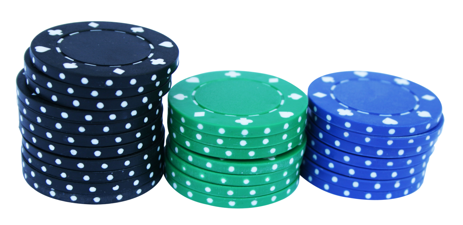 a stack of blue and green poker chips