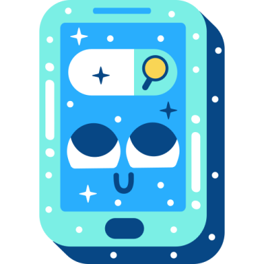 a blue and white phone with a face on it
