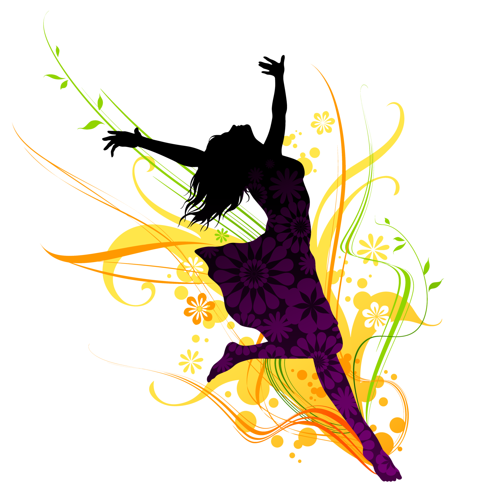 a woman dancing with flowers and swirls