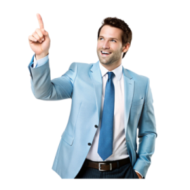 a man in a blue suit pointing at the camera