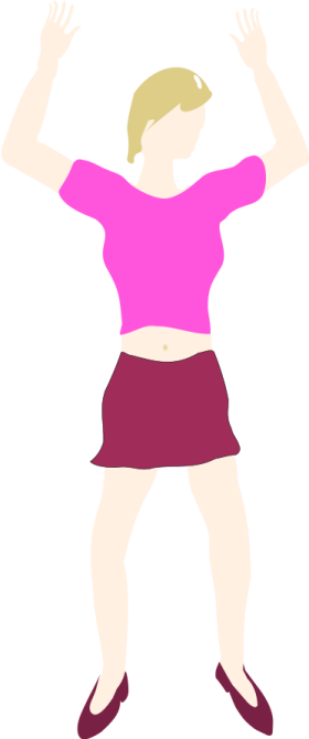a woman in a pink shirt and red skirt