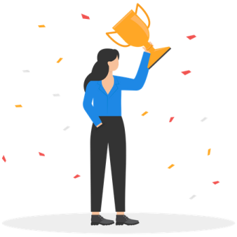 a woman holding up a trophy